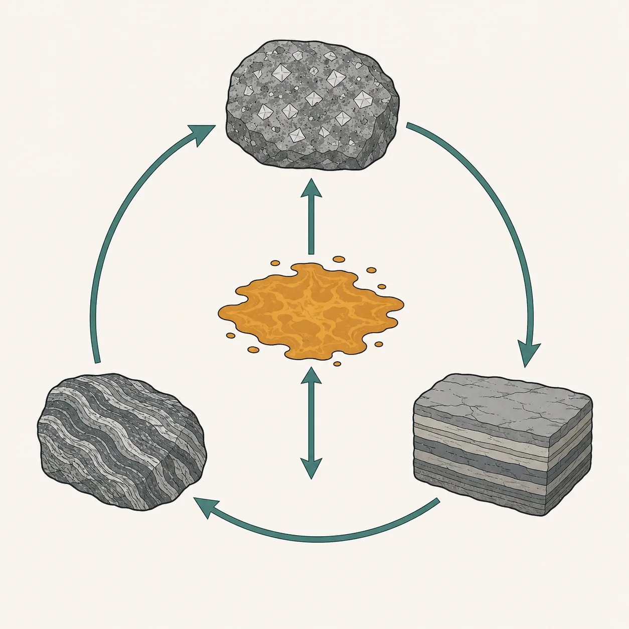 Kreisdiagramm des Gesteinskreislaufs: magmatisches Gestein oben, sedimentäres rechts, metamorphes links, in der Mitte Magma, verbunden durch Pfeile