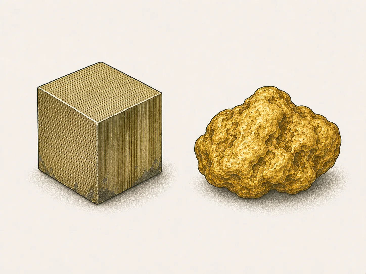 Ein würfeliger Pyritkristall mit gestreiften Flächen neben einem unregelmäßig gerundeten Goldnugget auf hellem Papier