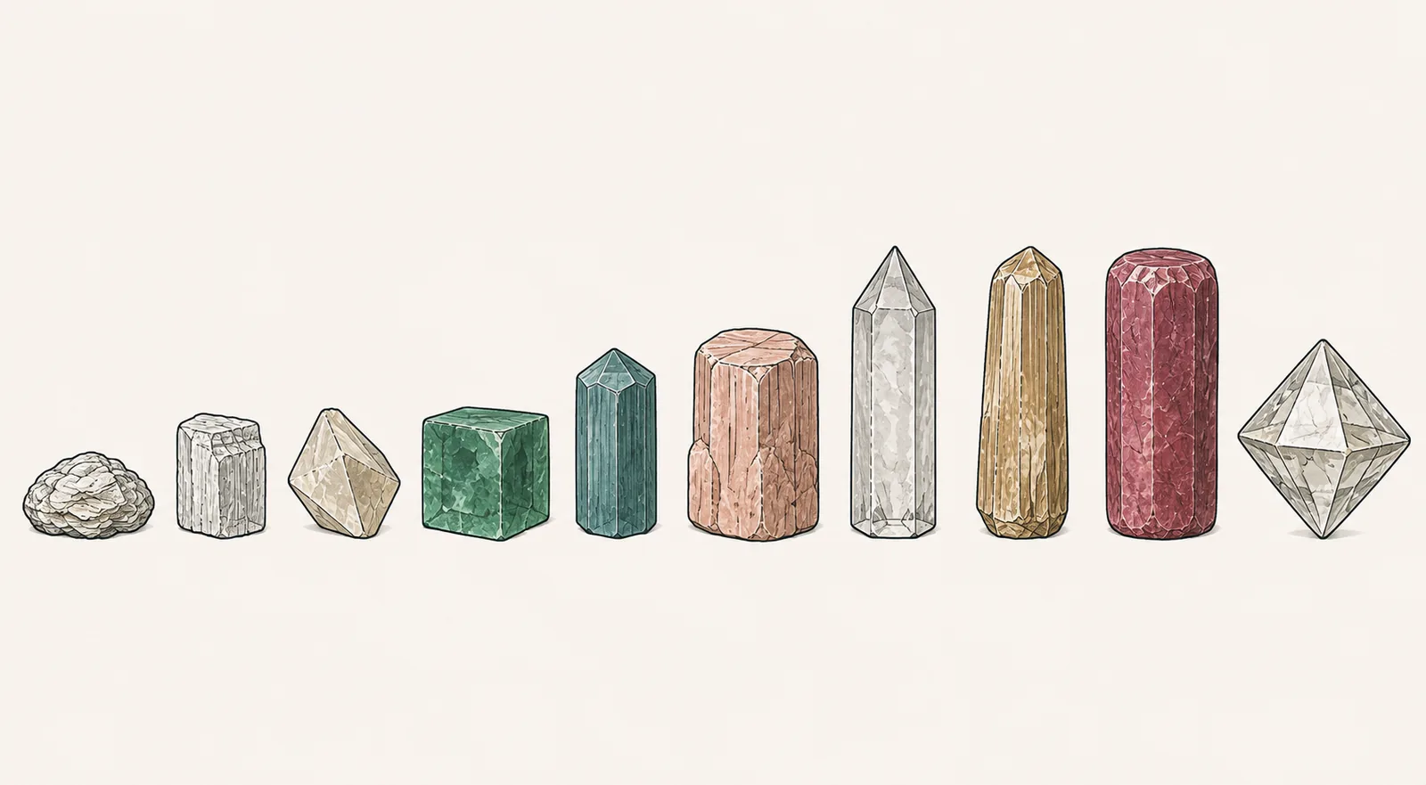 Die zehn Referenzminerale der Mohsskala nebeneinander, von links nach rechts in steigender Größe: Talk, Gips, Calcit, Fluorit, Apatit, Feldspat, Quarz, Topas, Korund und Diamant
