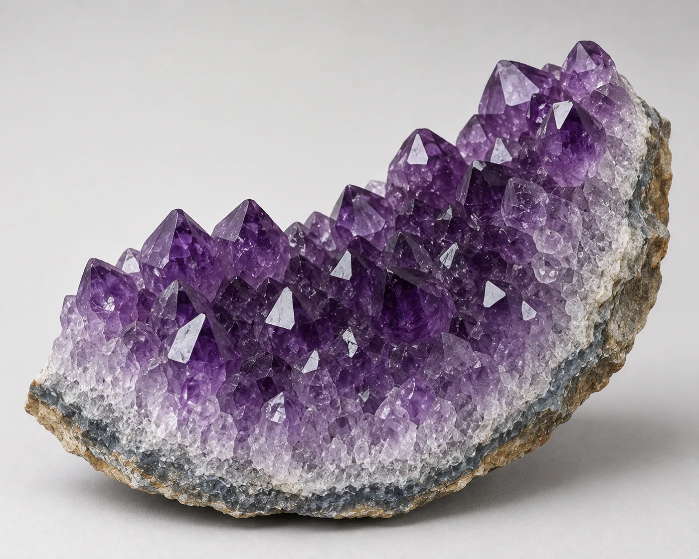 Aufgeschnittene Amethyst-Geode: eine gebogene Kruste aus violetten Kristallspitzen auf hellem Untergrund