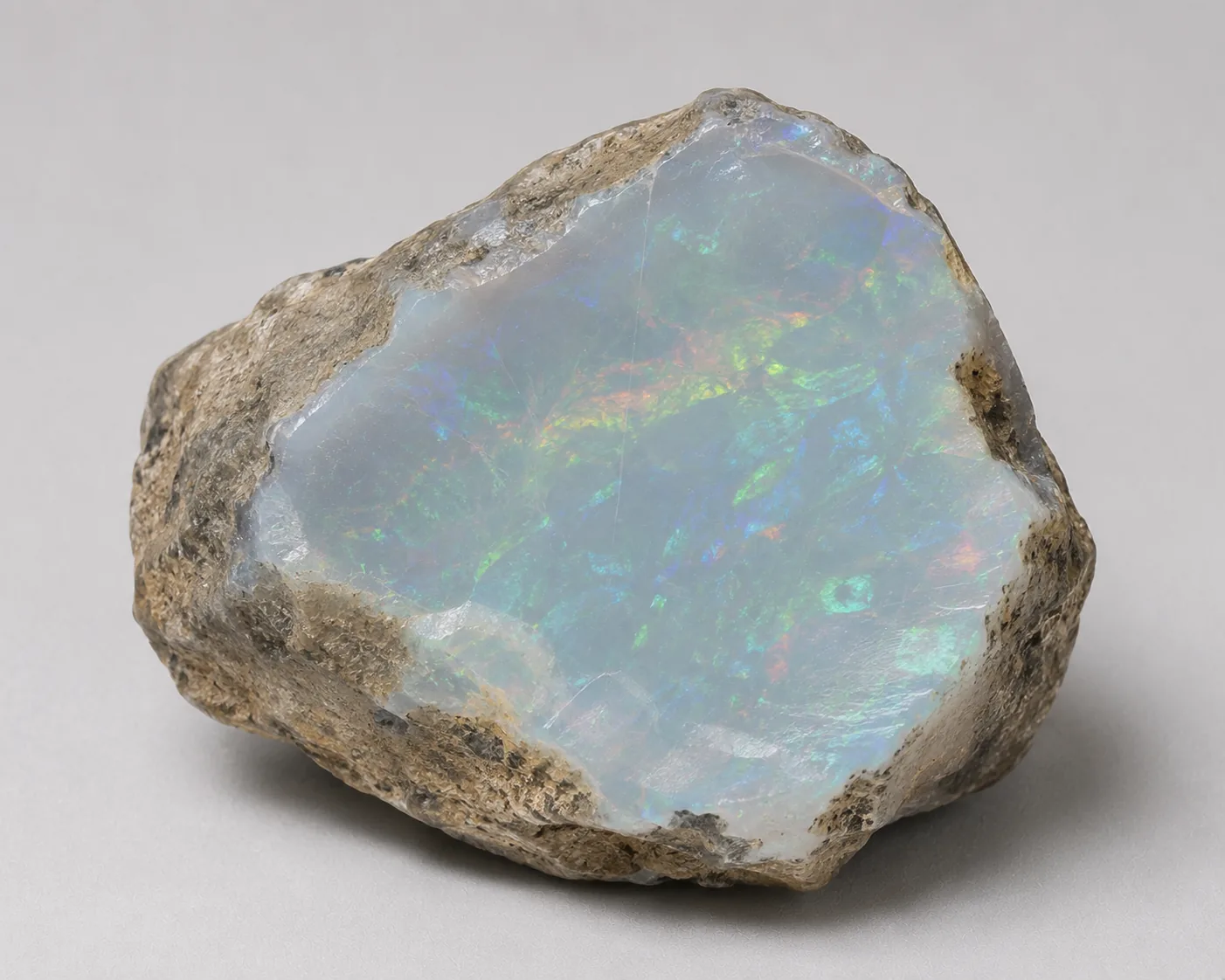 Opal: eine rohe Knolle mit angeschliffener Fläche, auf der ein Farbenspiel in Blau und Grün schimmert