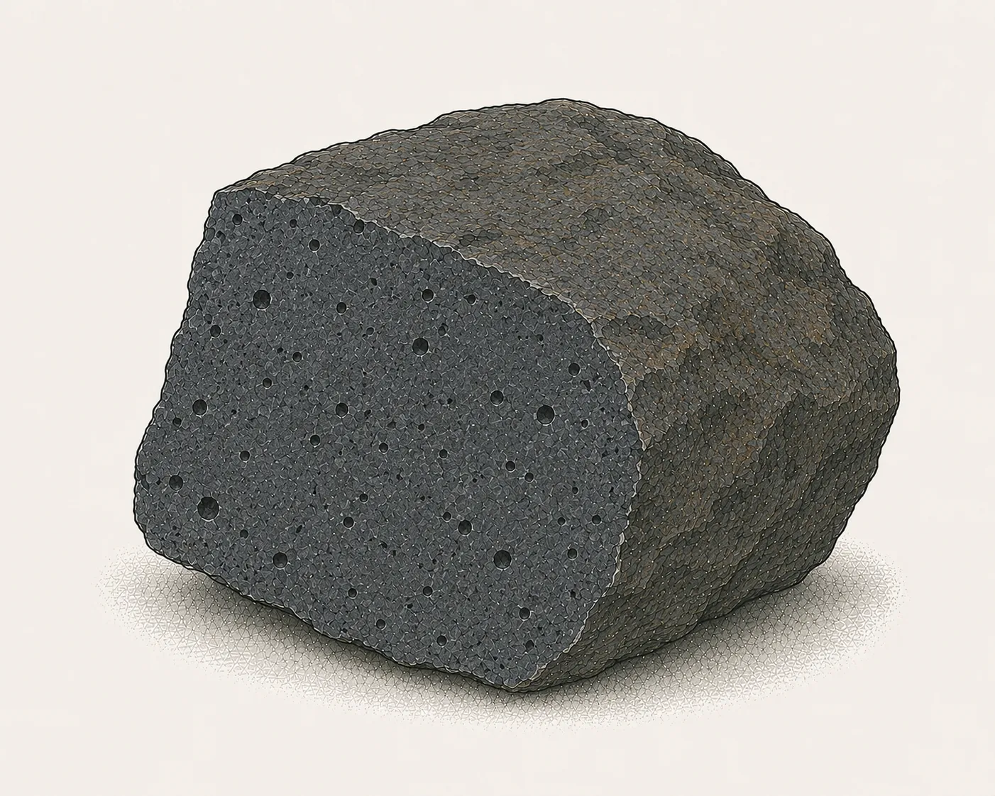 Basalt: dunkelgraues bis schwarzes Handstück, sehr feinkörnig, mit kleinen runden Gasblasen auf der Bruchfläche