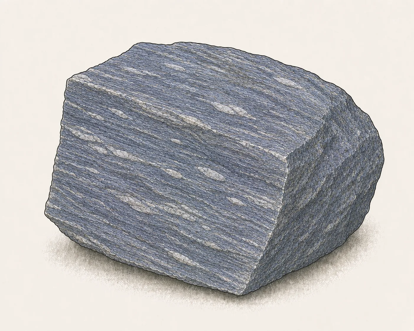 Blauschiefer: blaugraues Gestein mit feiner paralleler Schieferung und hellen Linsen