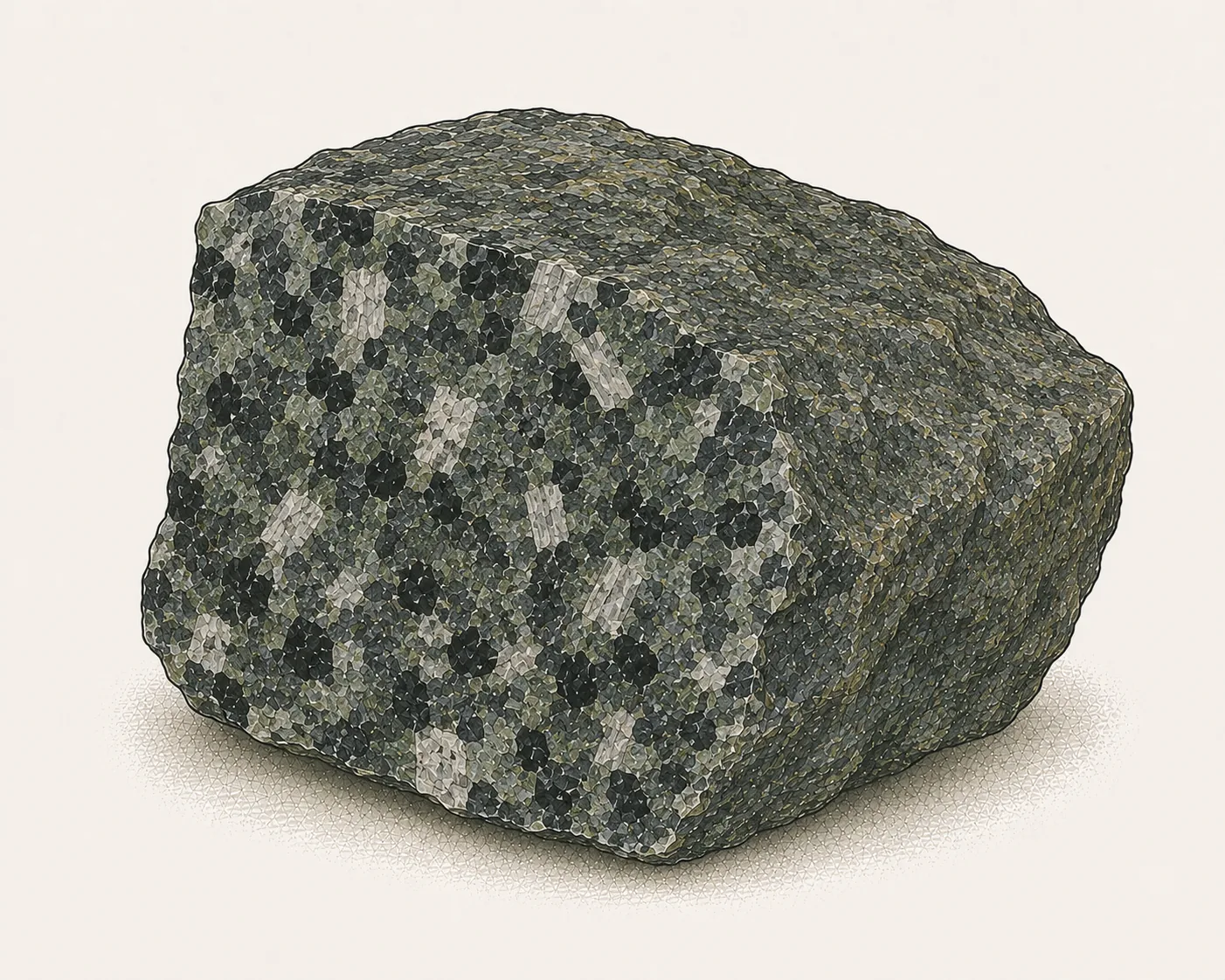 Gabbro: dunkelgrün-schwarzes grobkörniges Handstück mit hellen Plagioklas- und dunklen Pyroxenkörnern