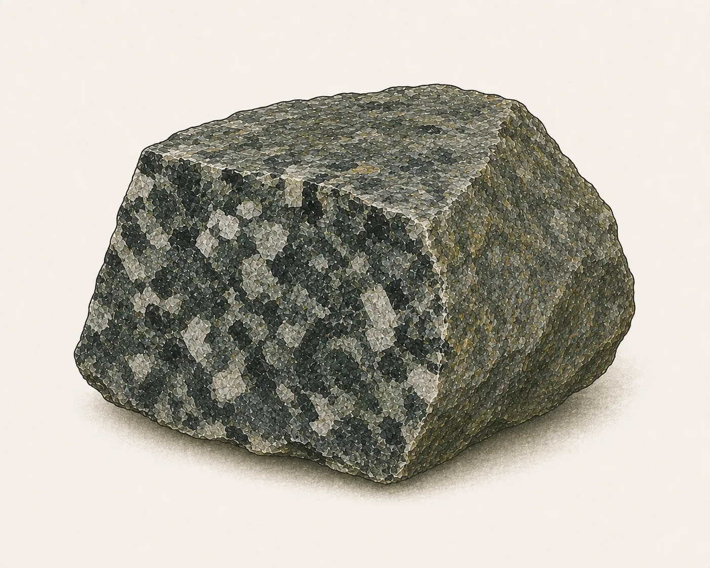 Gabbro: dunkelgrün-schwarzes grobkörniges Handstück mit hellen Plagioklas- und dunklen Pyroxenkörnern