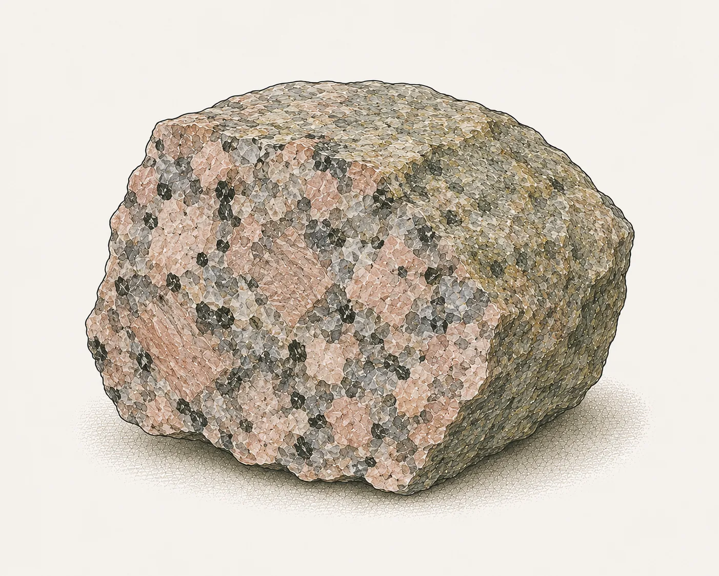 Granit: grobkörniges Handstück mit rosa Feldspatkörnern, grauem Quarz und schwarzen Glimmerplättchen