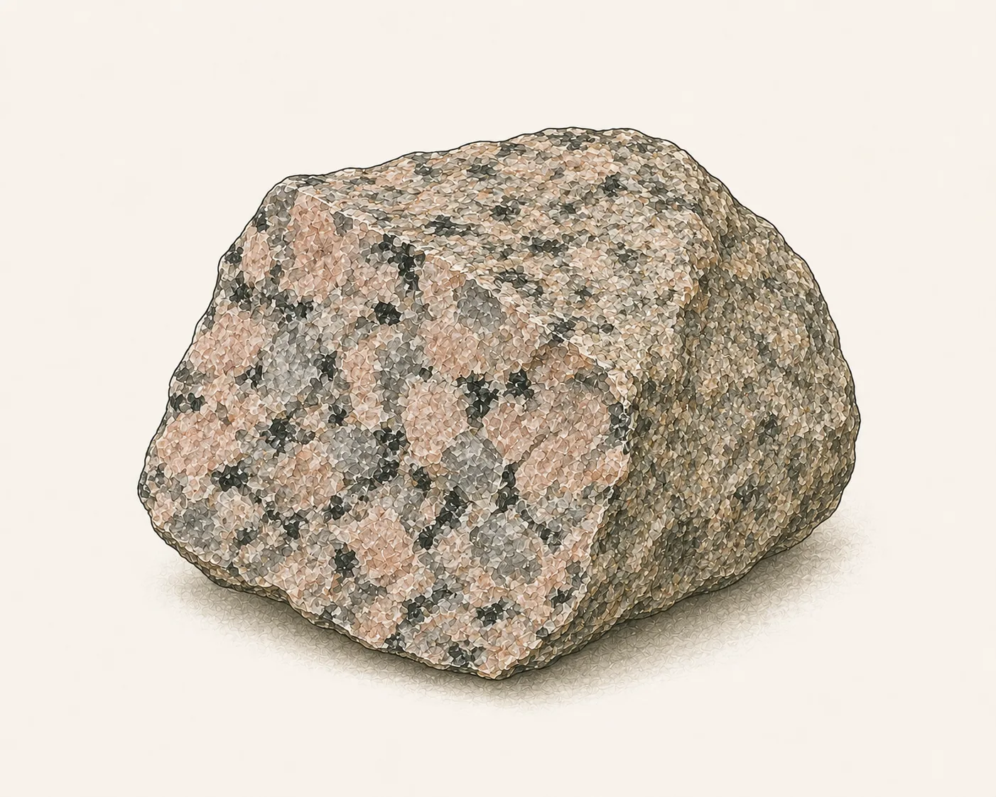 Granit: grobkörniges Handstück mit rosa Feldspatkörnern, grauem Quarz und schwarzen Glimmerplättchen