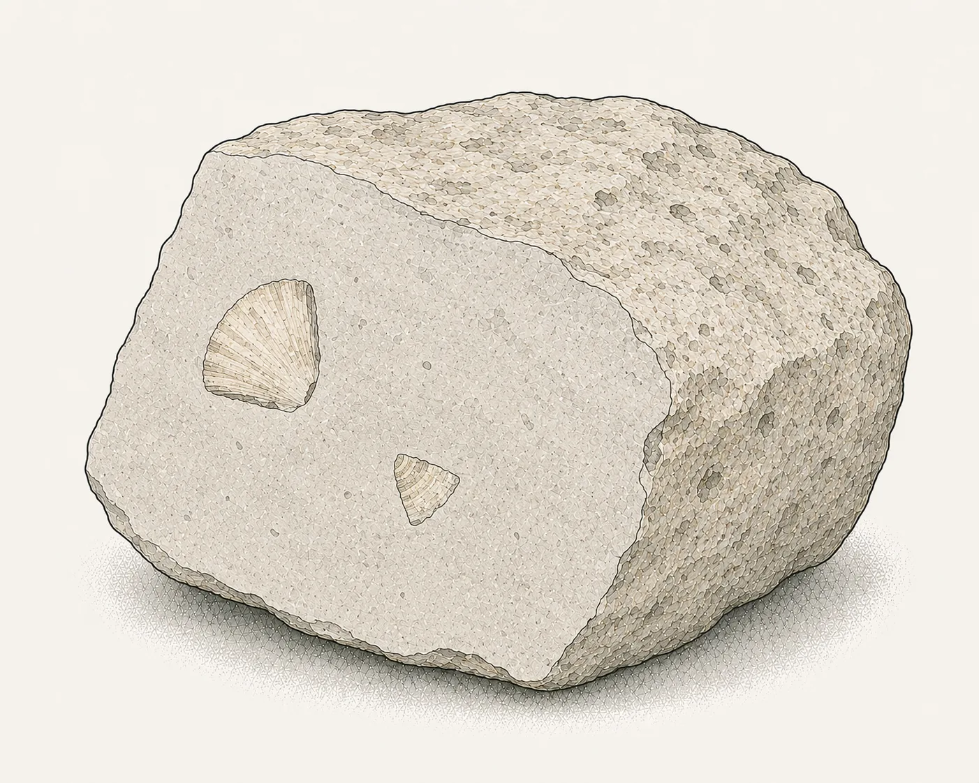 Kalkstein: helles, dicht wirkendes Handstück mit zwei sichtbaren Fossilabdrücken auf der Bruchfläche