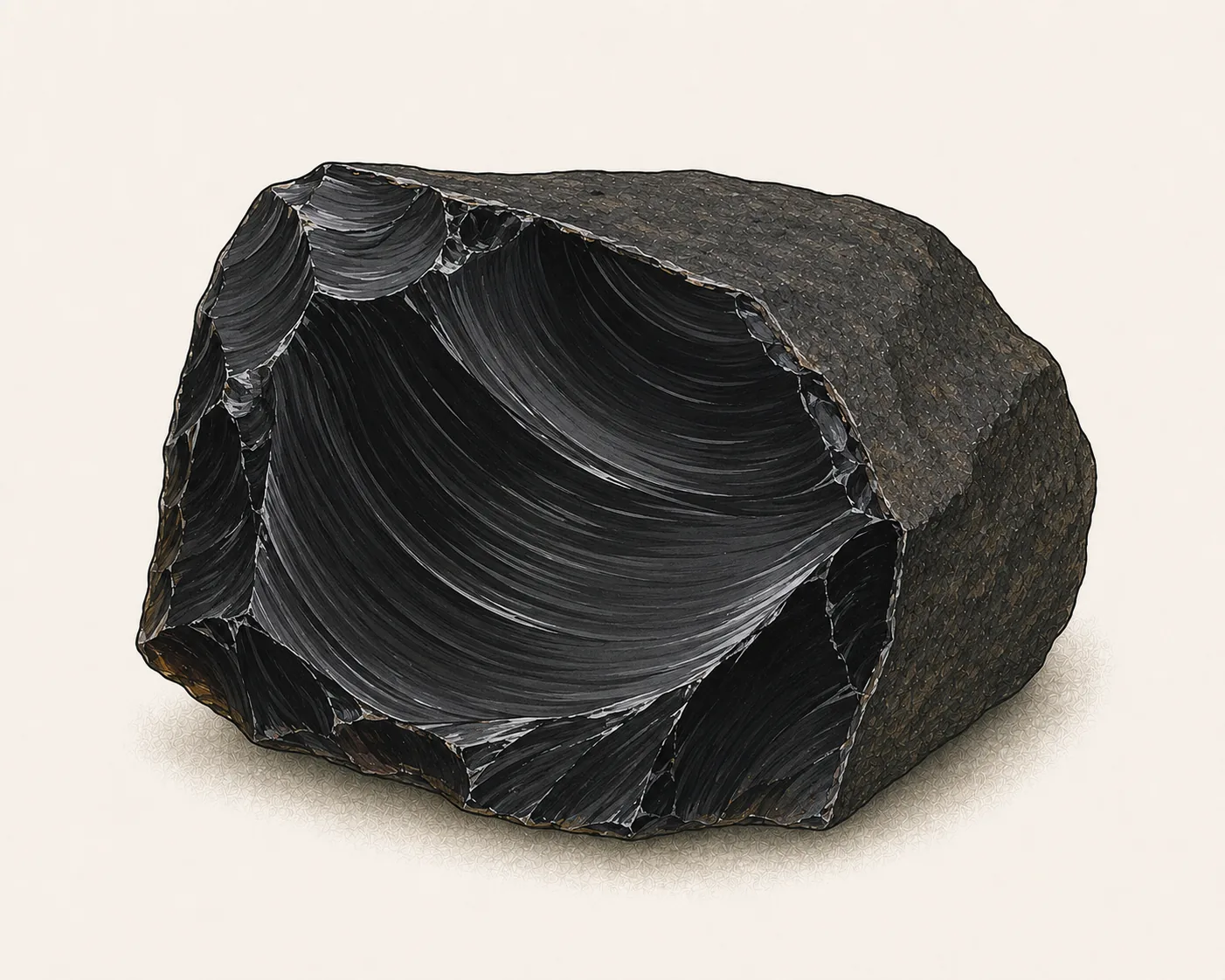 Obsidian: glasig schwarzes Handstück mit großer muscheliger Bruchfläche und konzentrischen Rippeln