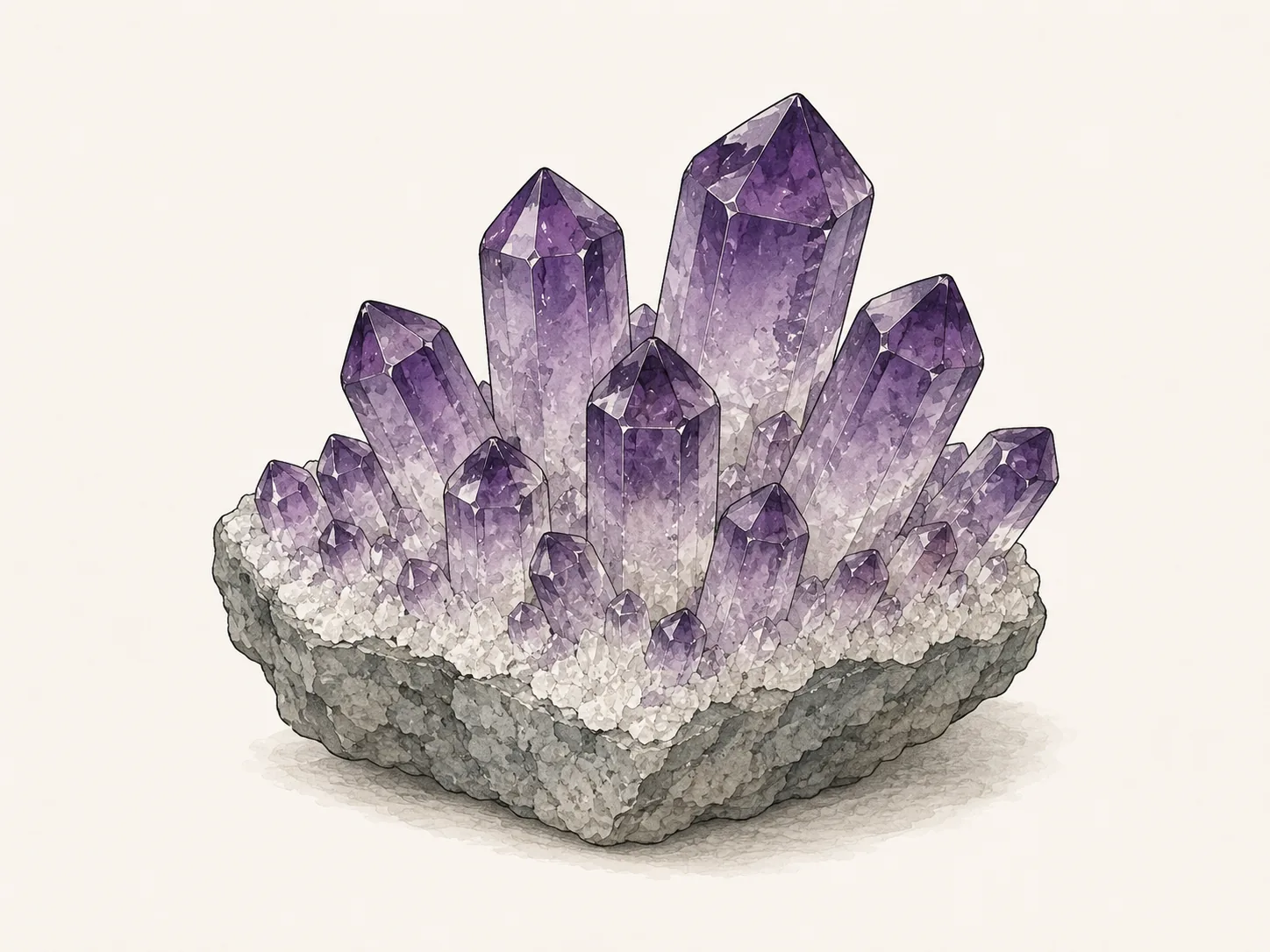 Amethyst-Stufe: violette, sechsseitige Quarzprismen mit pyramidalen Spitzen auf grauer Gesteinsunterlage