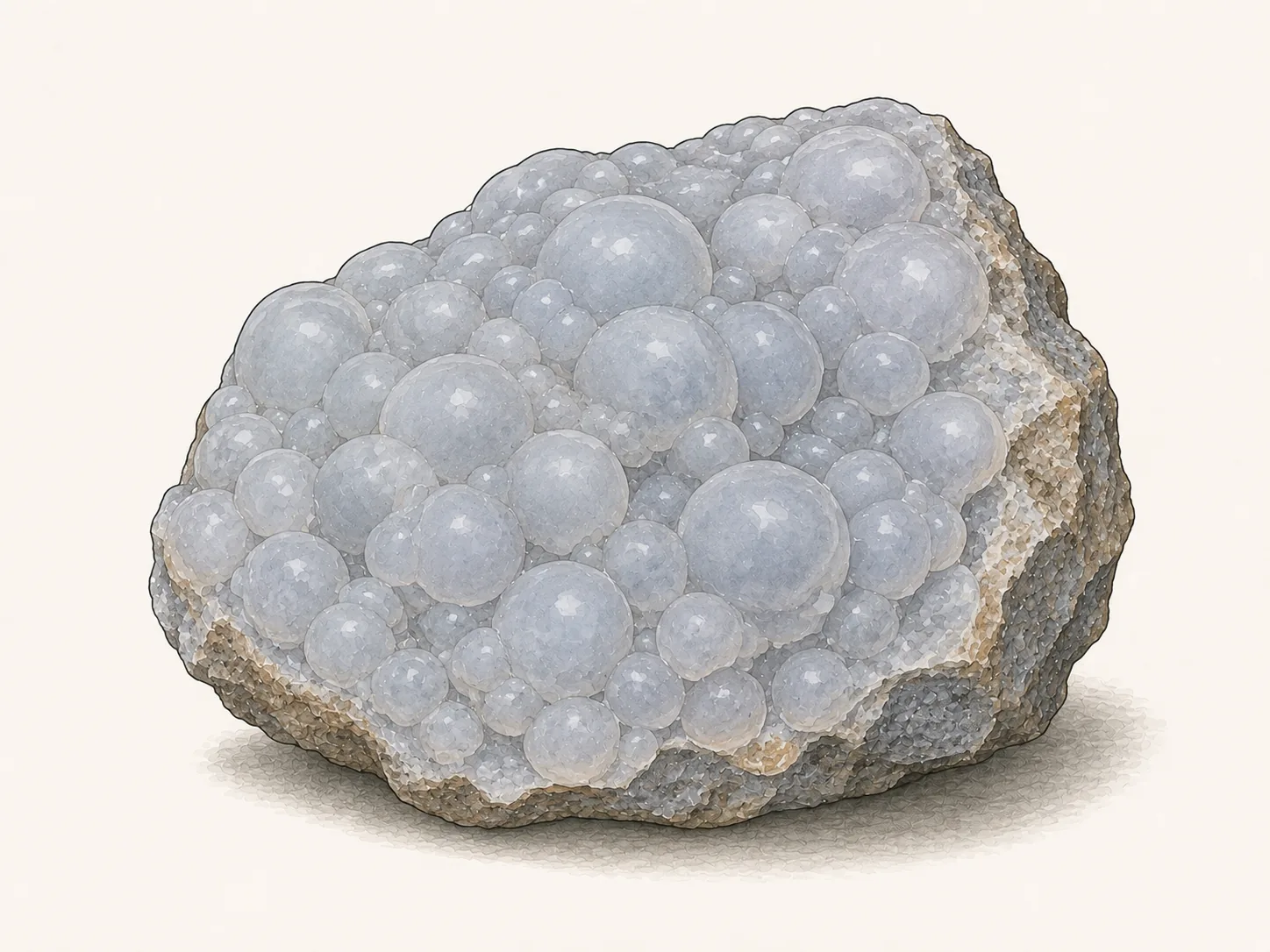 Chalcedon: eine traubige bläulich-graue Kruste aus rundlichen Knollen auf einer Gesteinsunterlage