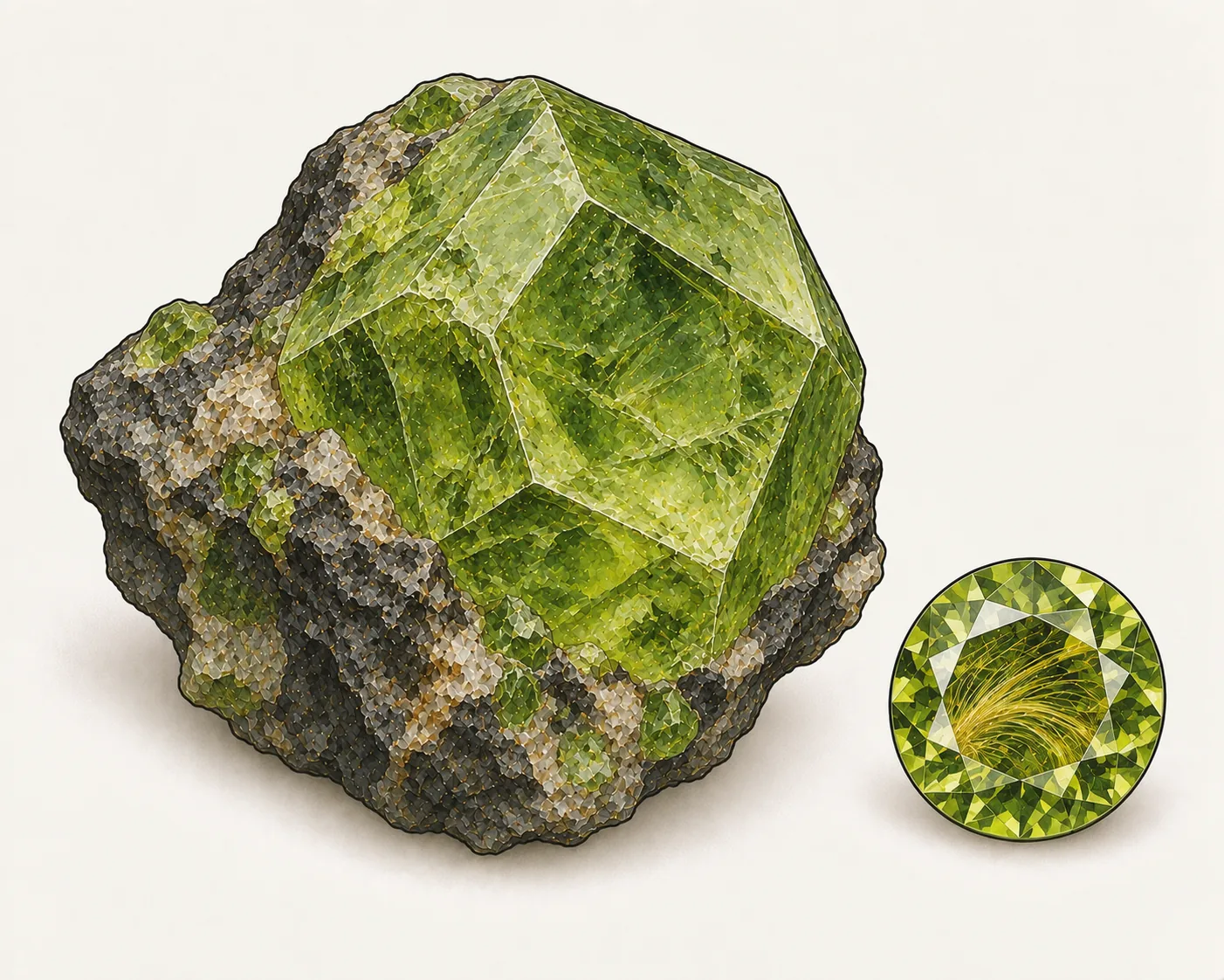 Demantoid: ein rohes Korn mit rhombischen Flächen, daneben ein rund geschliffener Stein, leuchtend gelbgrün, mit feinen goldenen Fasern im Inneren