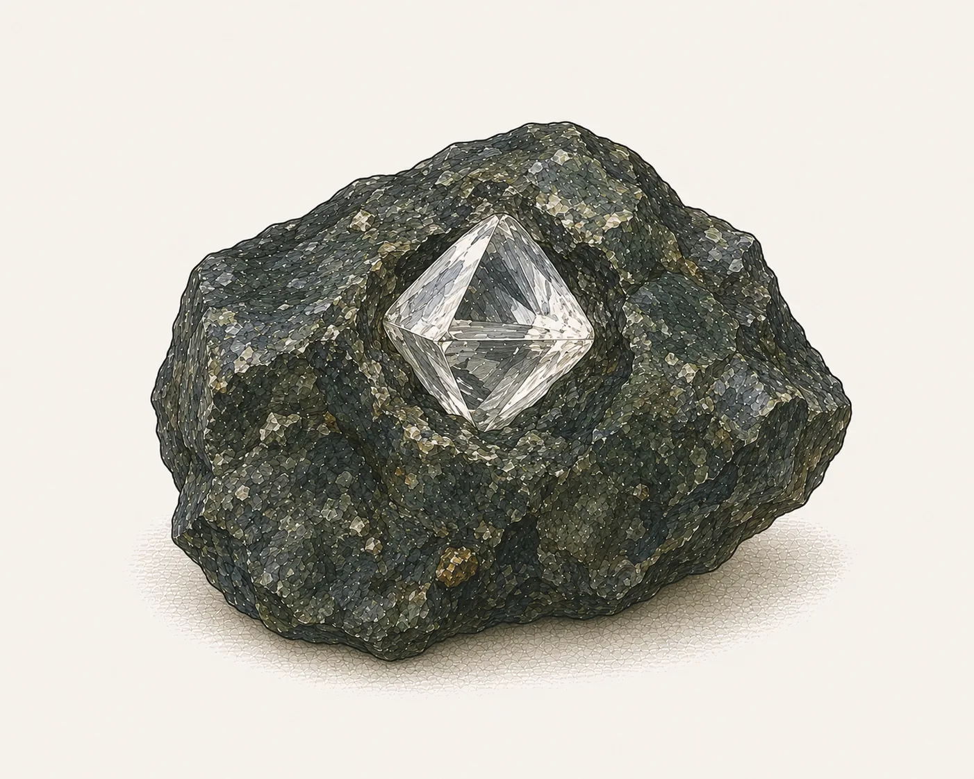 Diamant: ein ungeschliffener Oktaeder mit acht Dreiecksflächen und leicht gerundeten Kanten, eingebettet in dunkles Gestein