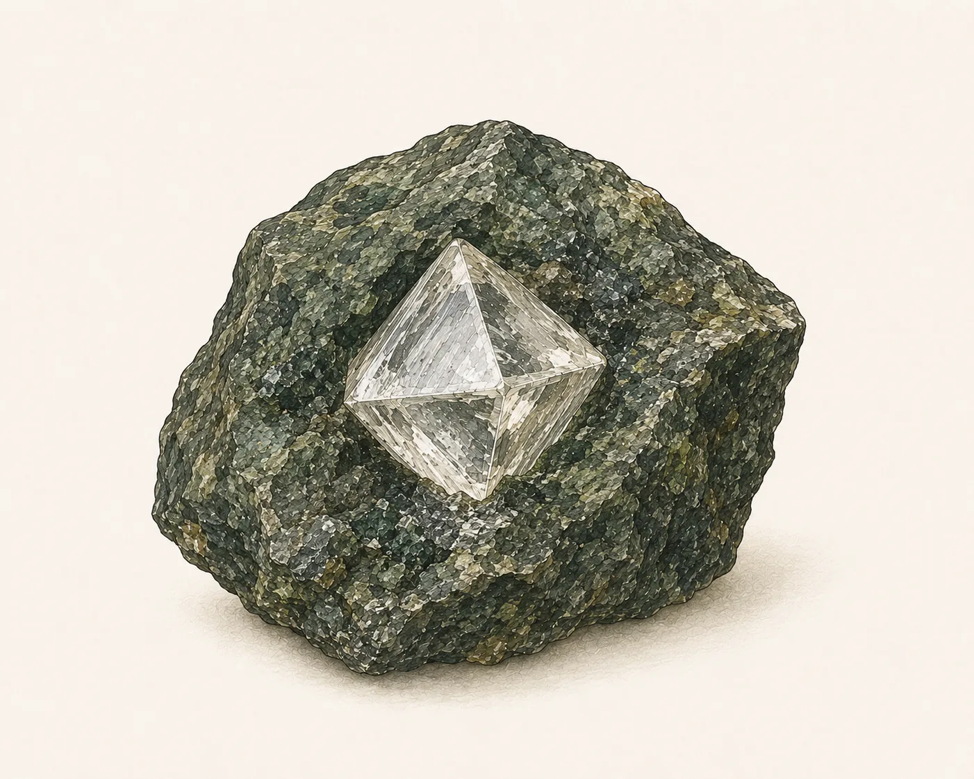Diamant: ein ungeschliffener Oktaeder mit acht Dreiecksflächen und leicht gerundeten Kanten, eingebettet in dunkles Gestein