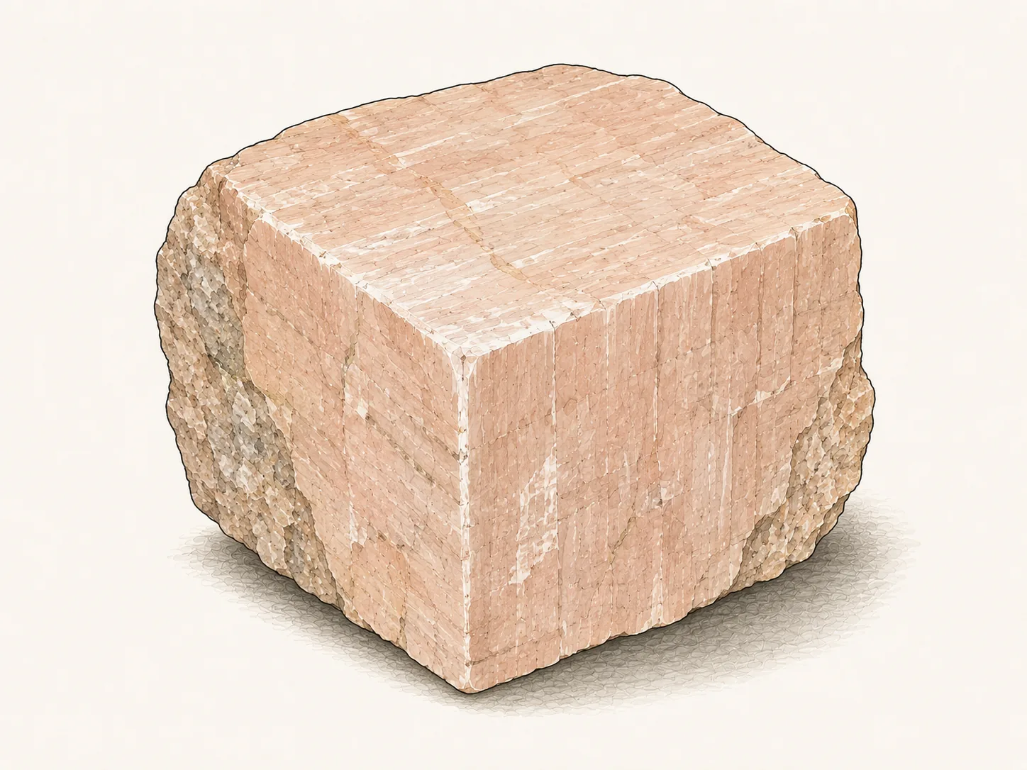 Feldspat: ein blockiges lachsrosa Kristallstück mit zwei glatten Spaltflächen, die sich im rechten Winkel treffen