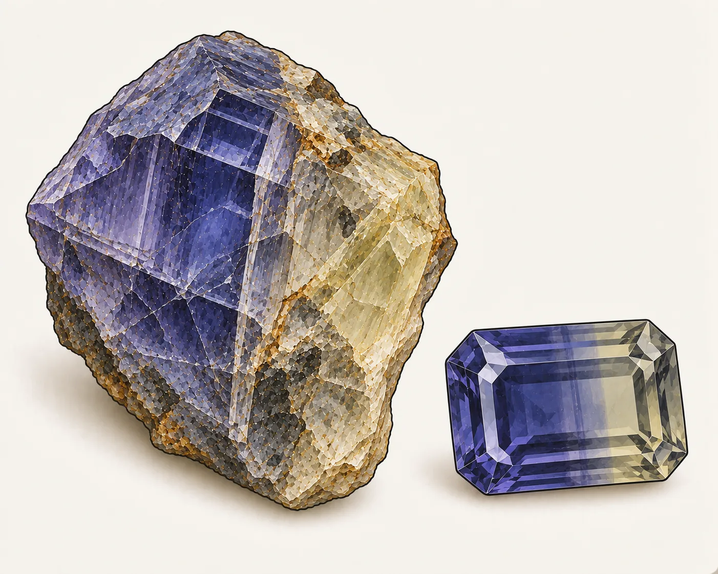 Iolith: ein Rohstück, dessen eine Fläche violettblau und die angrenzende blass gelblich grau erscheint, daneben ein facettierter rechteckiger Stein
