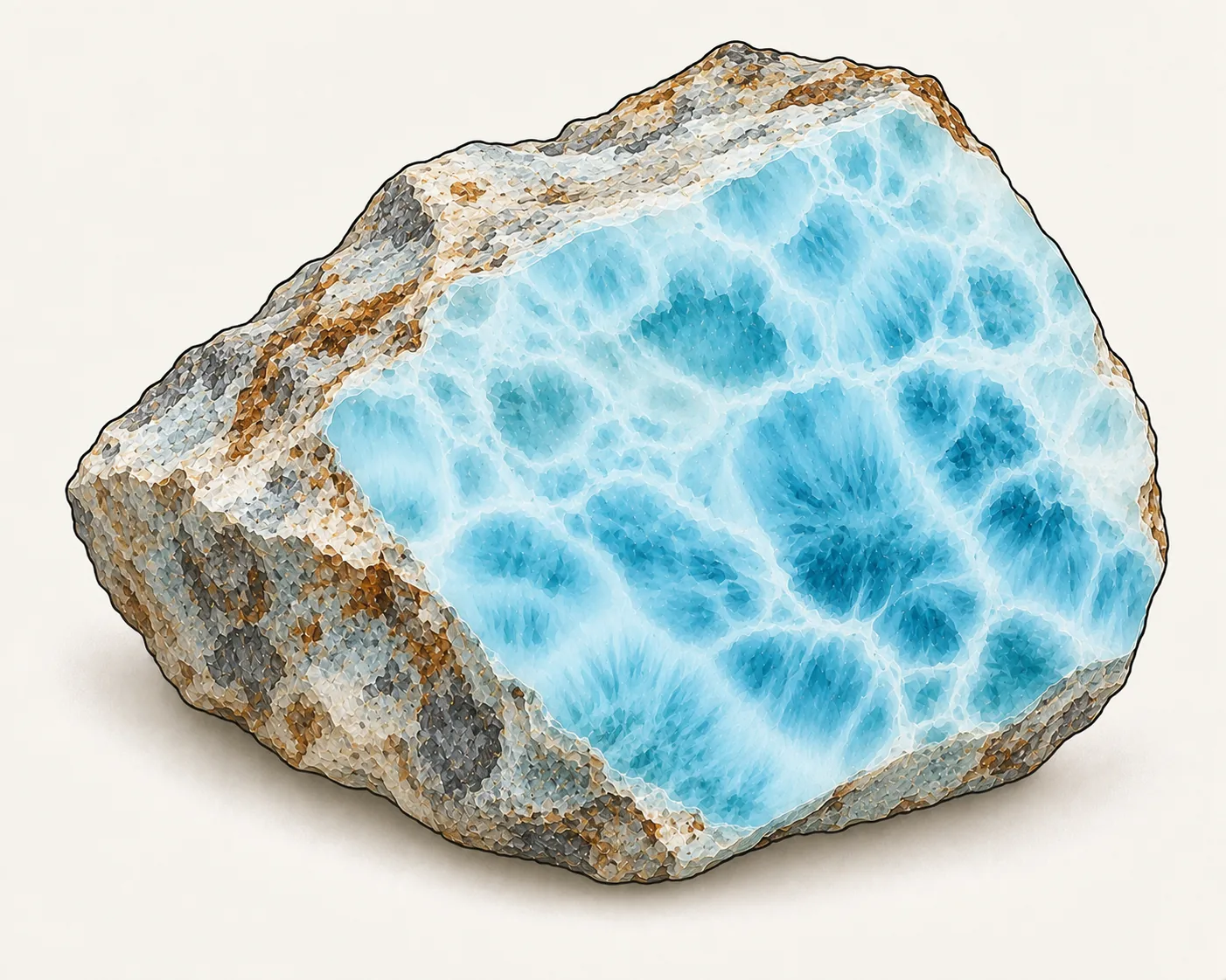 Larimar: ein Rohstück mit polierter Fläche, hell himmelblau mit netzartigen helleren und tieferen blauen Mustern