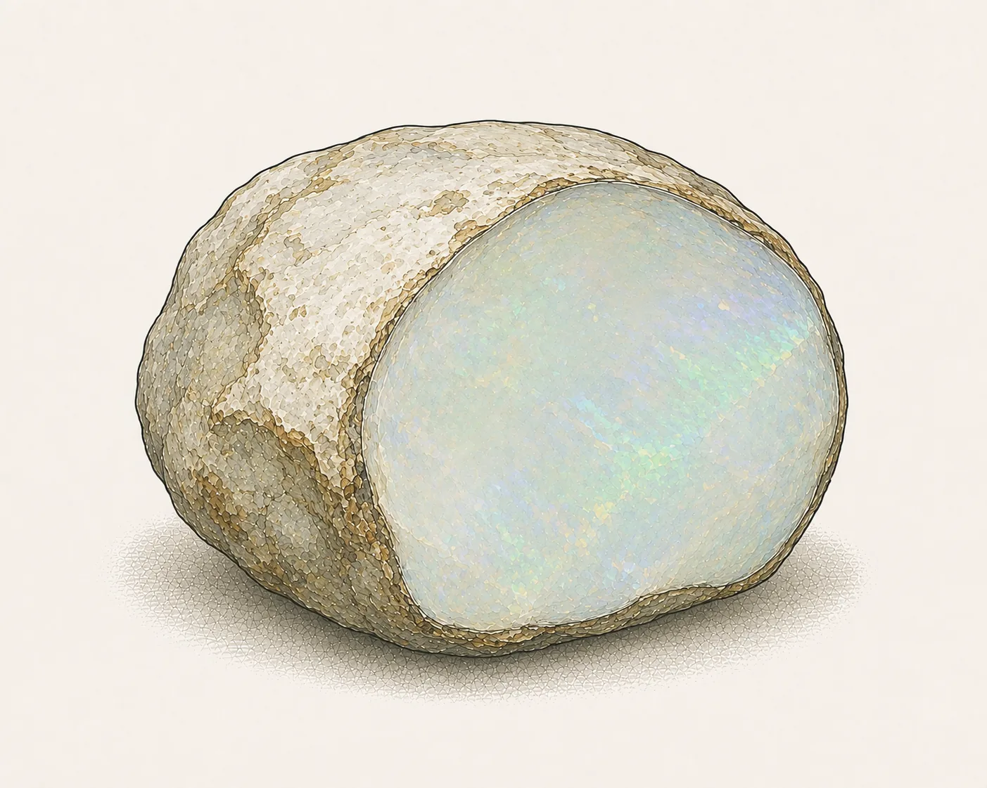 Opal: eine rundliche Knolle mit angeschliffener Fläche, auf der ein zartes Farbenspiel in Blau und Grün zu sehen ist