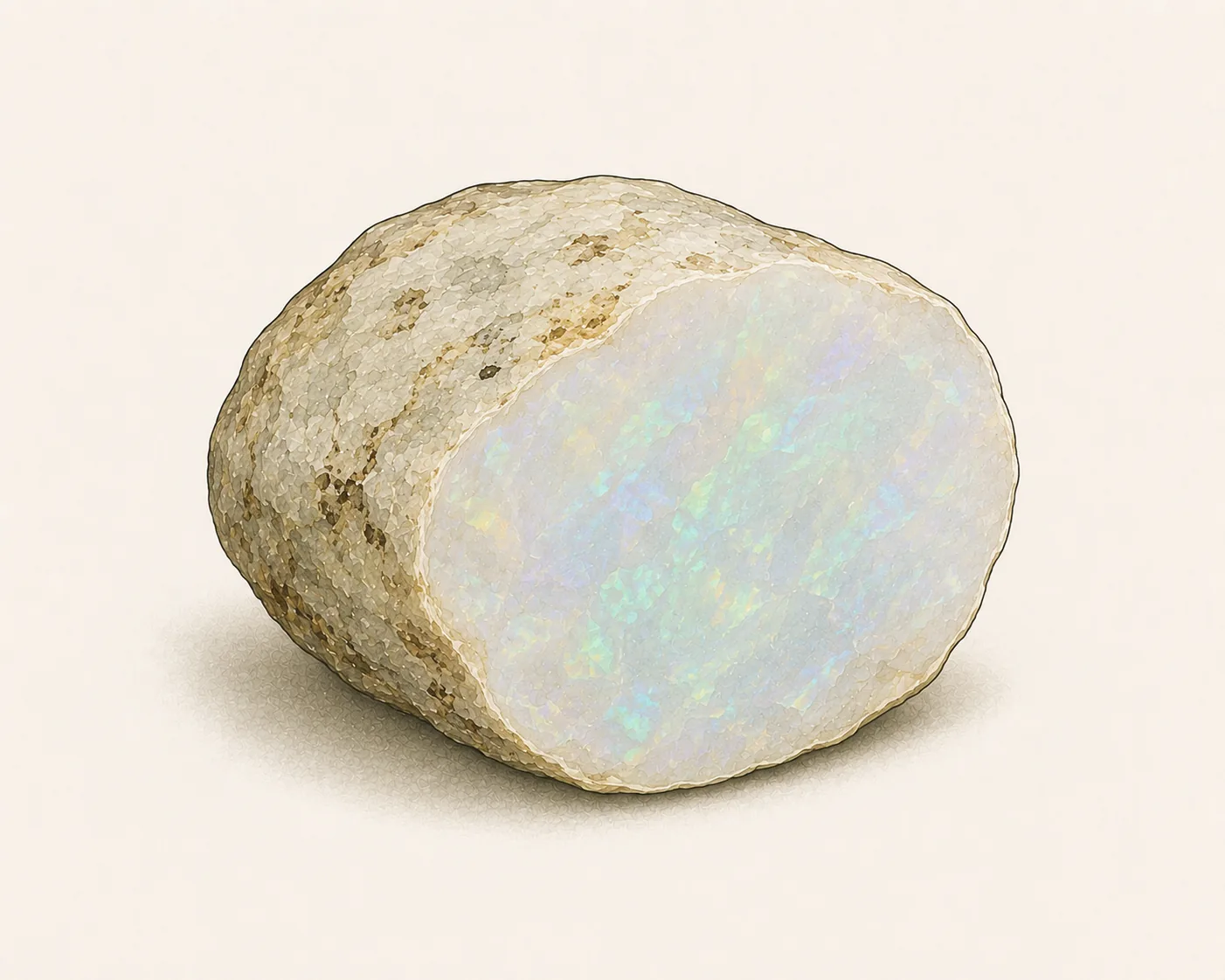 Opal: eine rundliche Knolle mit angeschliffener Fläche, auf der ein zartes Farbenspiel in Blau und Grün zu sehen ist