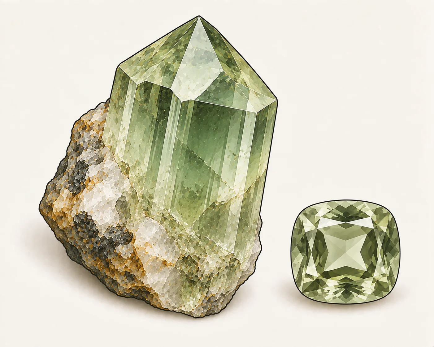 Prasiolith: ein kurzes sechsseitiges Quarzprisma mit Spitze, daneben ein facettierter Stein, hell lauchgrün