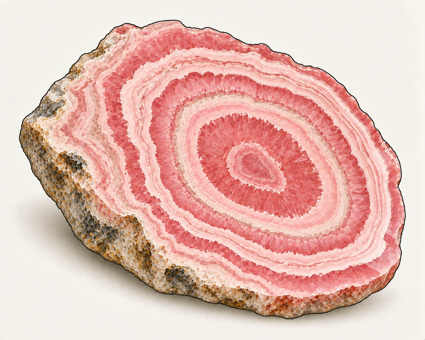Rhodochrosit: eine polierte Scheibe eines Tropfsteins mit konzentrischen Ringen in Rosa, Blassrosa und Weiß