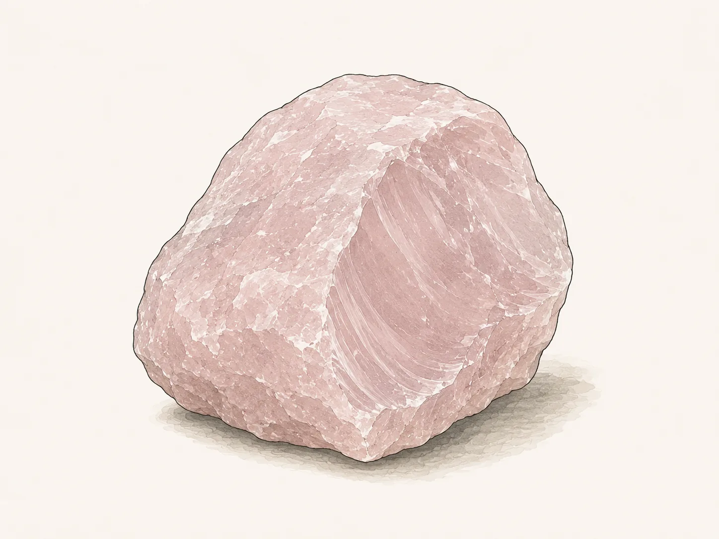 Rosenquarz: massiger blassrosa Brocken ohne Kristallflächen, mit muscheliger Bruchfläche