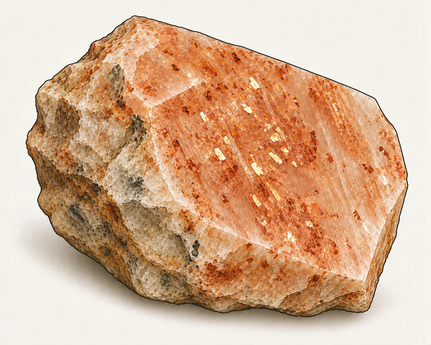 Sonnenstein: ein Feldspat-Bruchstück mit polierter Fläche, pfirsich bis orange, übersät mit winzigen kupferrot glitzernden Plättchen